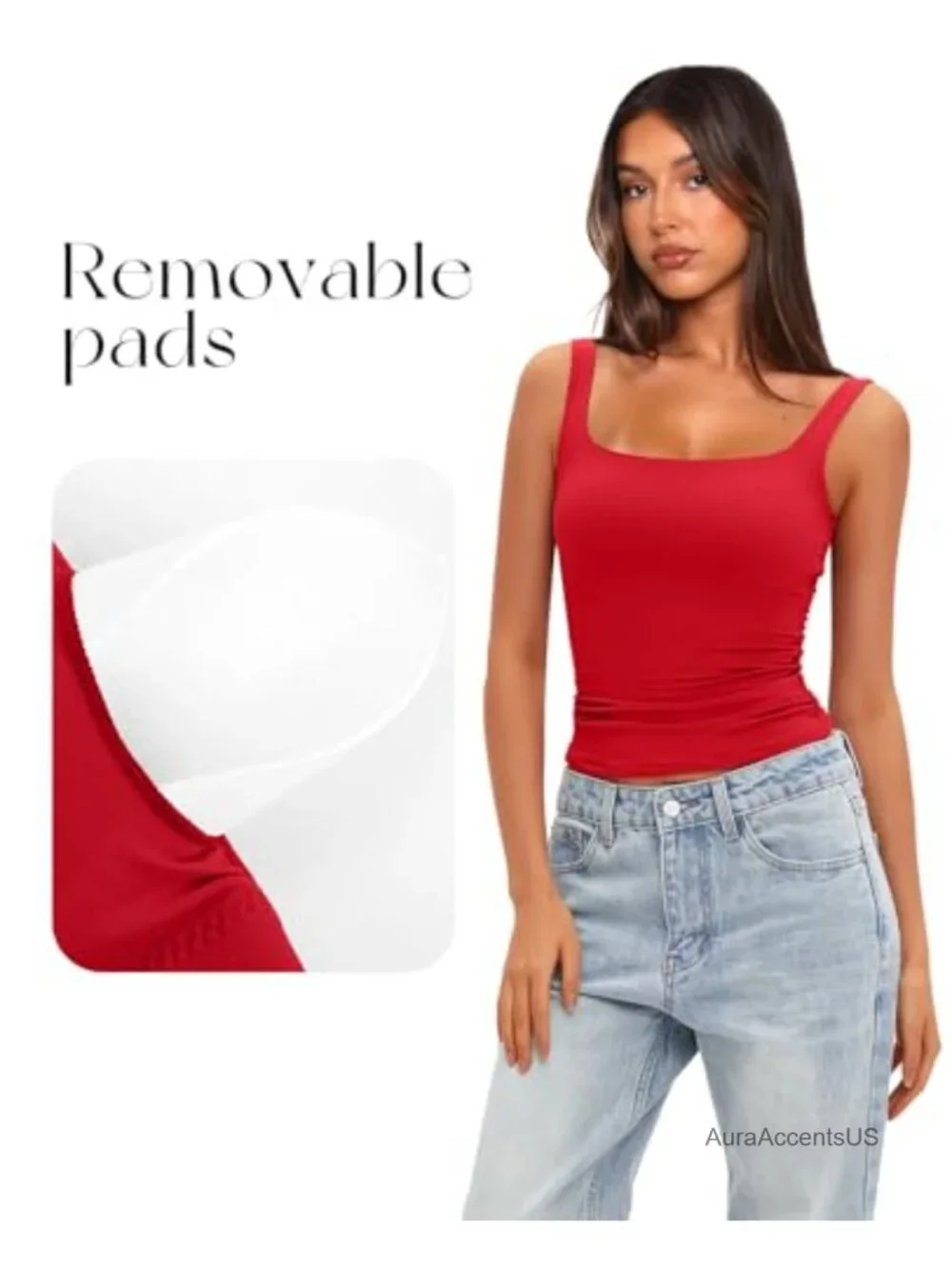 Women's Padded Square Neck Tank Top Double Layer Sleeveless Built in Bra